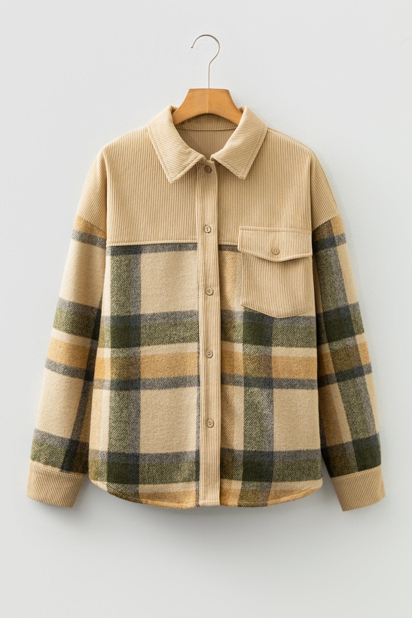 Plaid Corduroy Patchwork Chest Pocket Shacket - Rooted & Reckless Co.