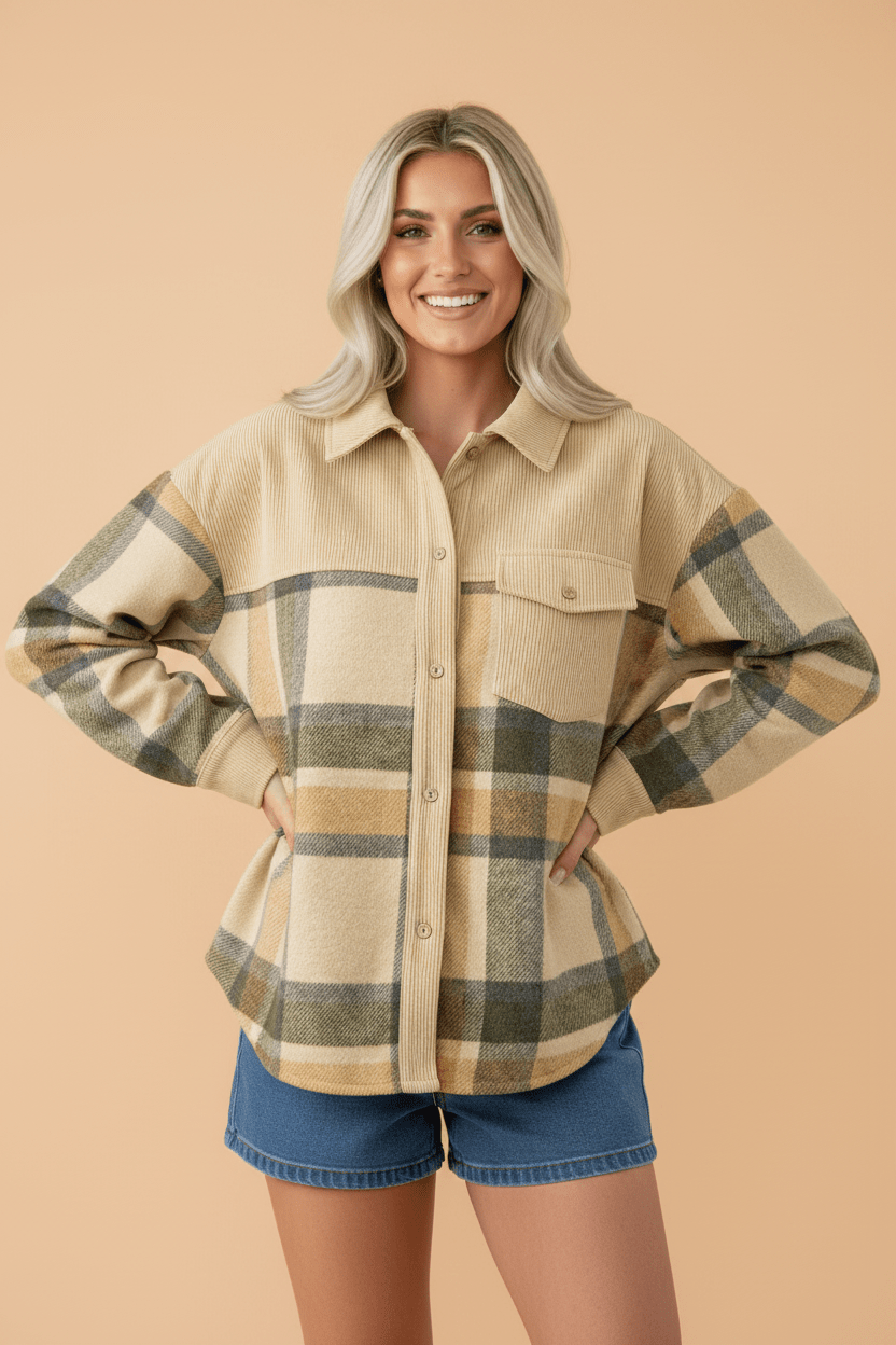 Plaid Corduroy Patchwork Chest Pocket Shacket - Rooted & Reckless Co.