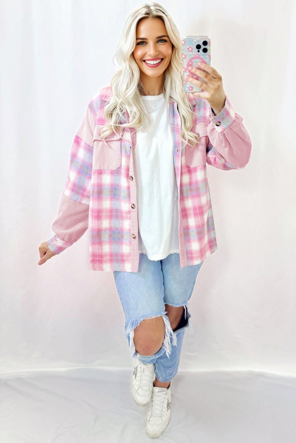 Plaid Corduroy Patchwork Flap Pocket Shacket - Rooted & Reckless Co.