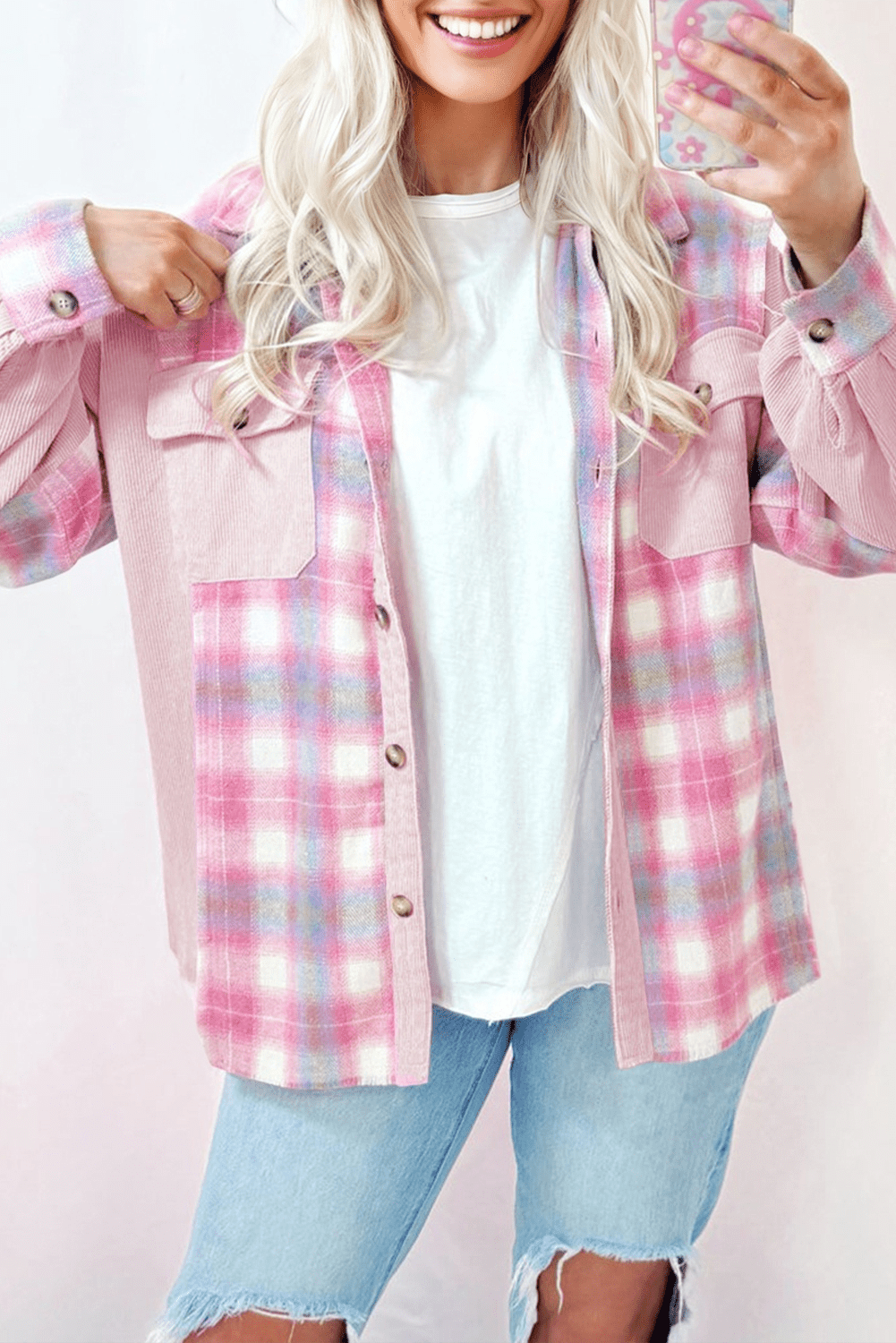 Plaid Corduroy Patchwork Flap Pocket Shacket - Rooted & Reckless Co.