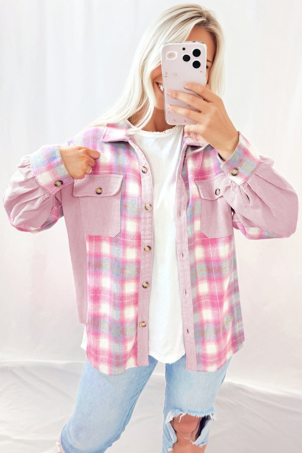 Plaid Corduroy Patchwork Flap Pocket Shacket - Rooted & Reckless Co.