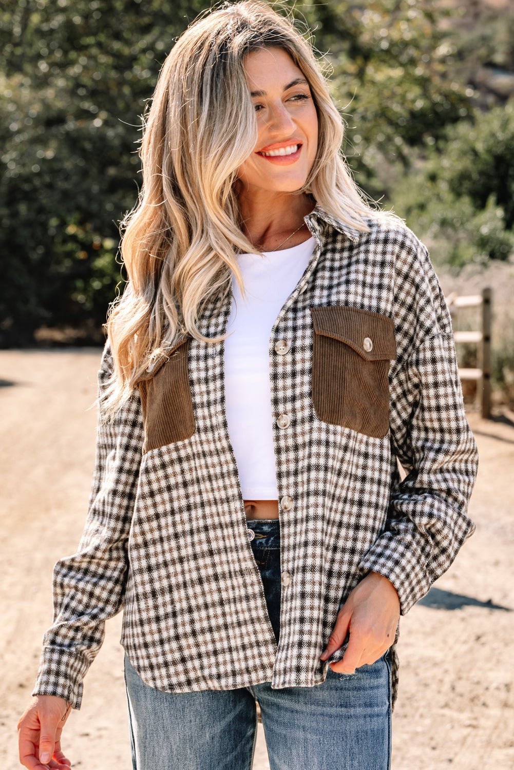 Plaid Corduroy Patchwork Pocketed Button-Up Shacket - Rooted & Reckless Co.