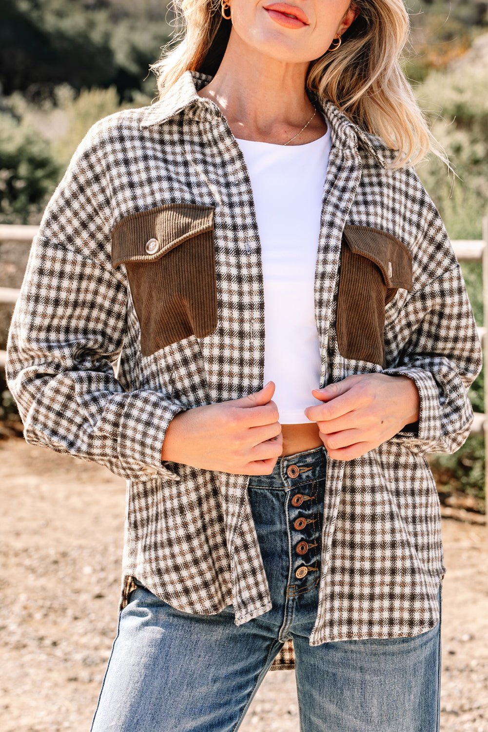 Plaid Corduroy Patchwork Pocketed Button-Up Shacket - Rooted & Reckless Co.