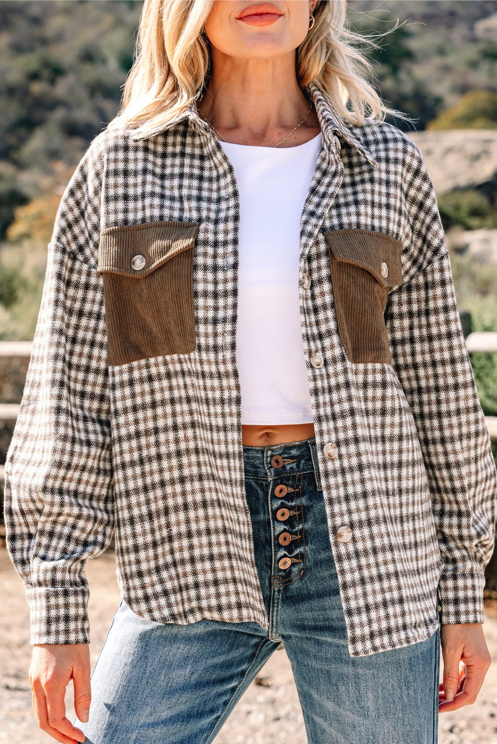 Plaid Corduroy Patchwork Pocketed Button-Up Shacket - Rooted & Reckless Co.
