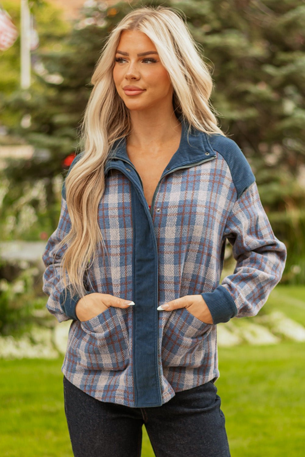 Plaid Corduroy Patchwork Zip-Up Snap-Button Jacket - Rooted & Reckless Co.