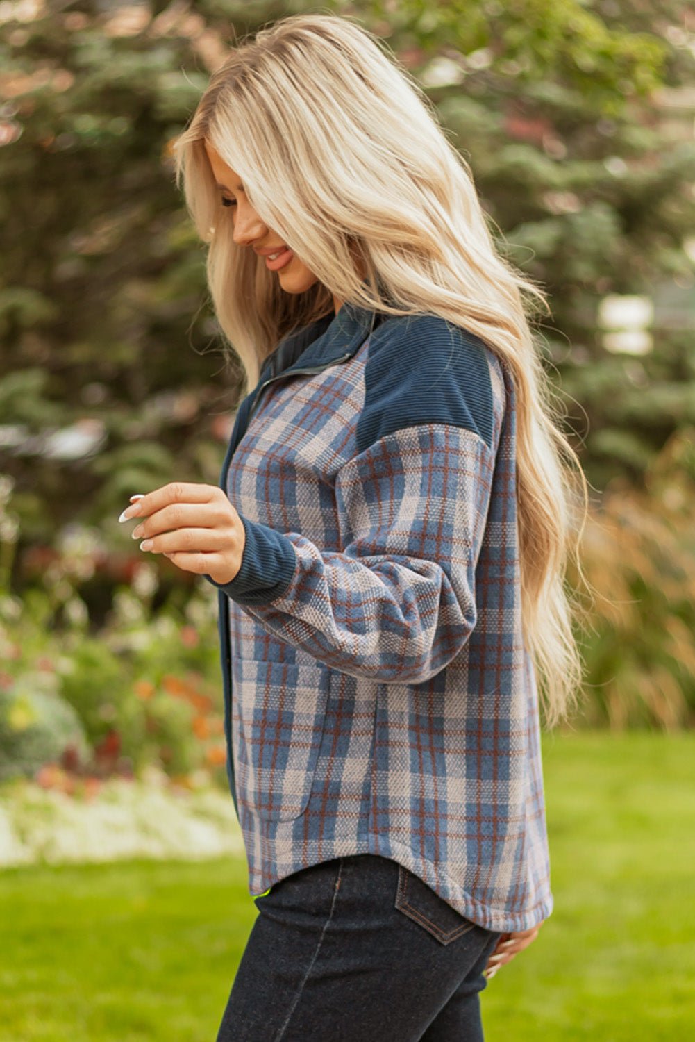 Plaid Corduroy Patchwork Zip-Up Snap-Button Jacket - Rooted & Reckless Co.
