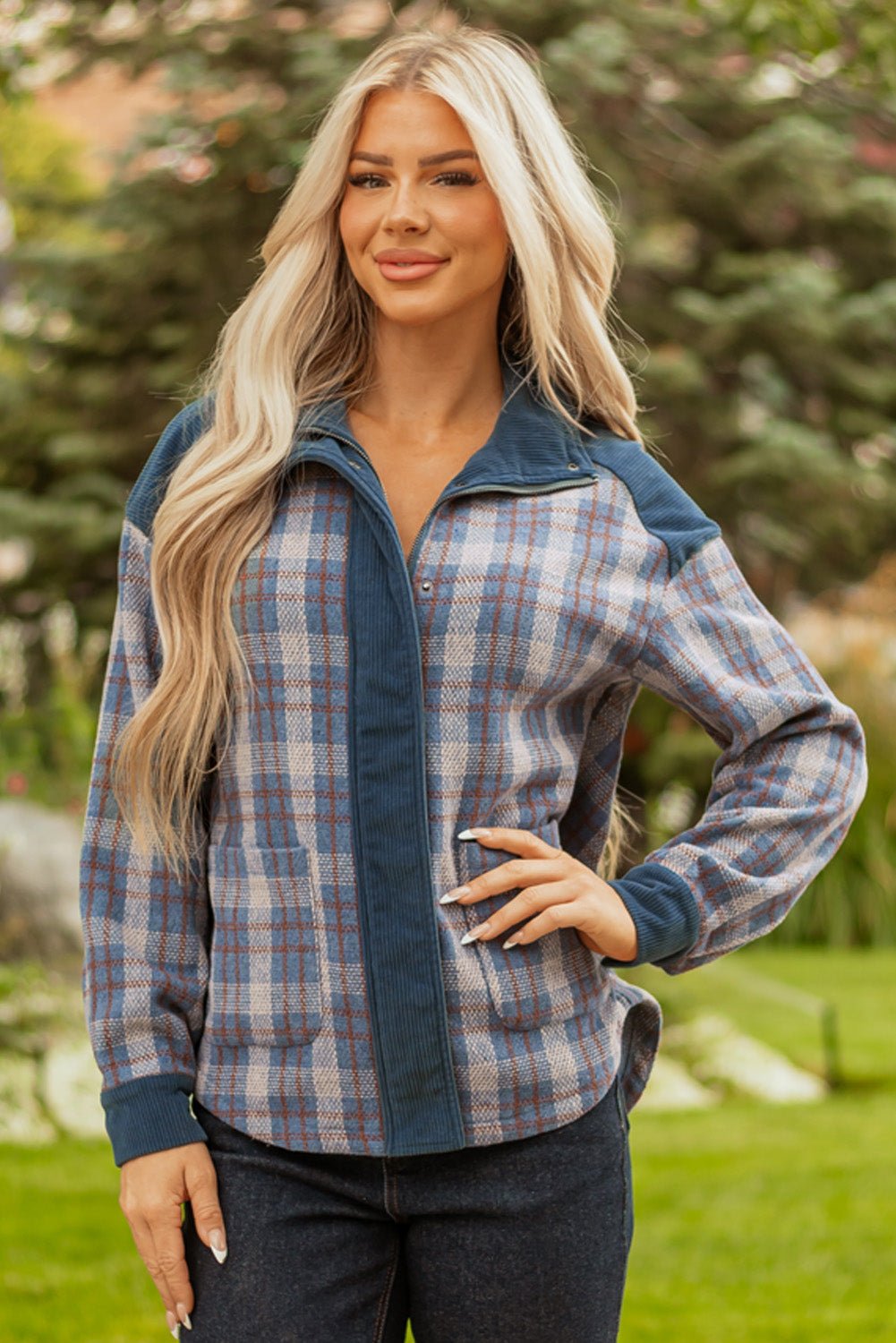 Plaid Corduroy Patchwork Zip-Up Snap-Button Jacket - Rooted & Reckless Co.