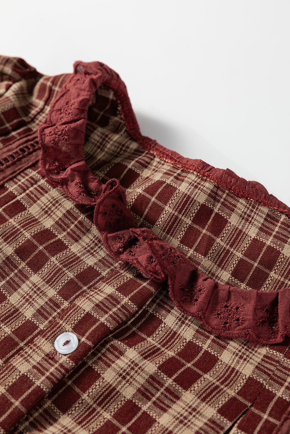 Plaid Eyelet Lace Trim Buttoned Long Sleeve Shirt - Rooted & Reckless Co.
