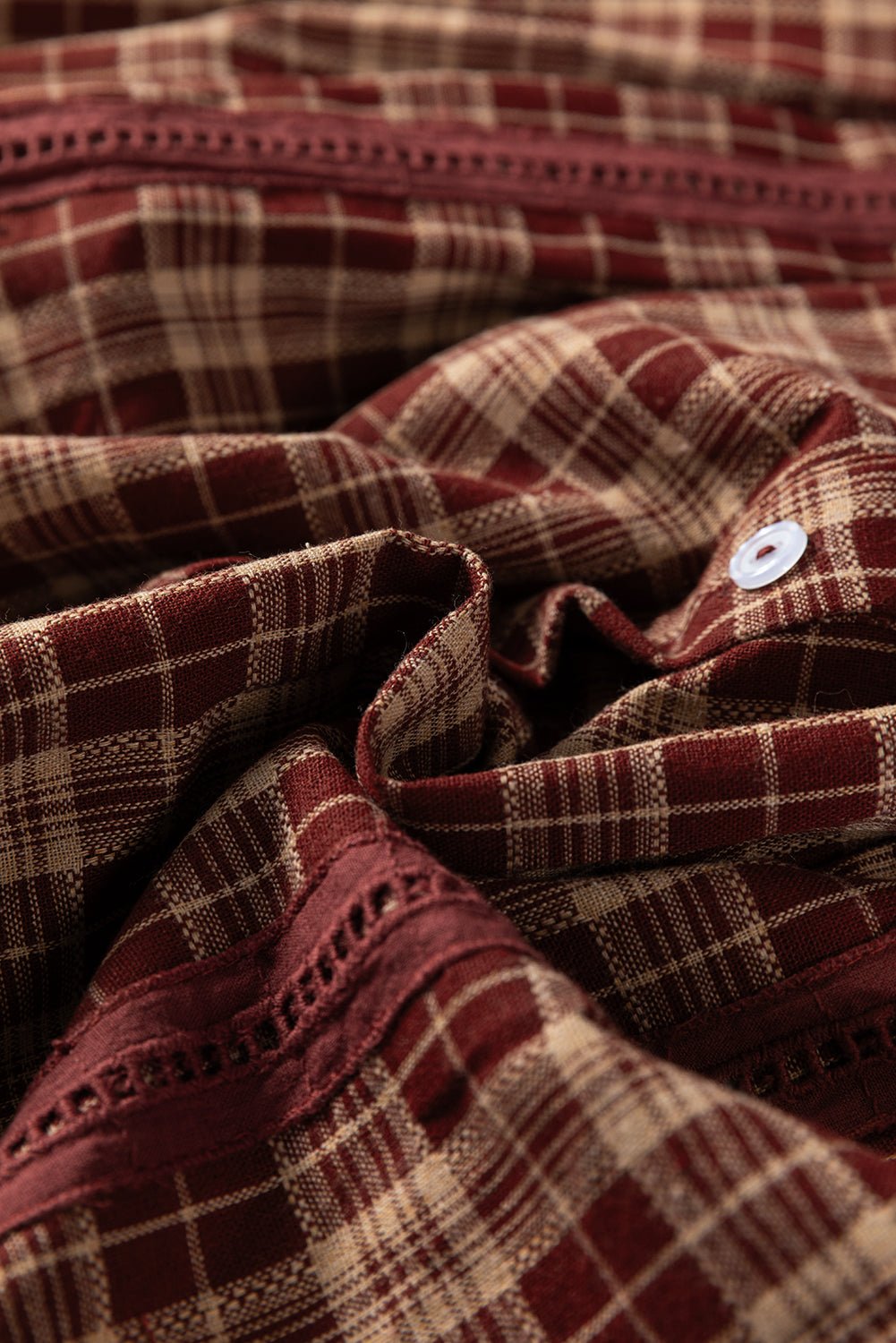 Plaid Eyelet Lace Trim Buttoned Long Sleeve Shirt - Rooted & Reckless Co.