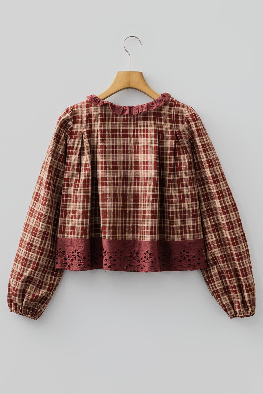 Plaid Eyelet Lace Trim Buttoned Long Sleeve Shirt - Rooted & Reckless Co.