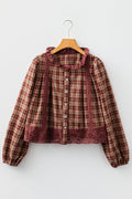 Plaid Eyelet Lace Trim Buttoned Long Sleeve Shirt - Rooted & Reckless Co.