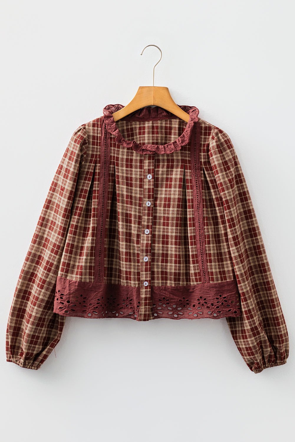Plaid Eyelet Lace Trim Buttoned Long Sleeve Shirt - Rooted & Reckless Co.