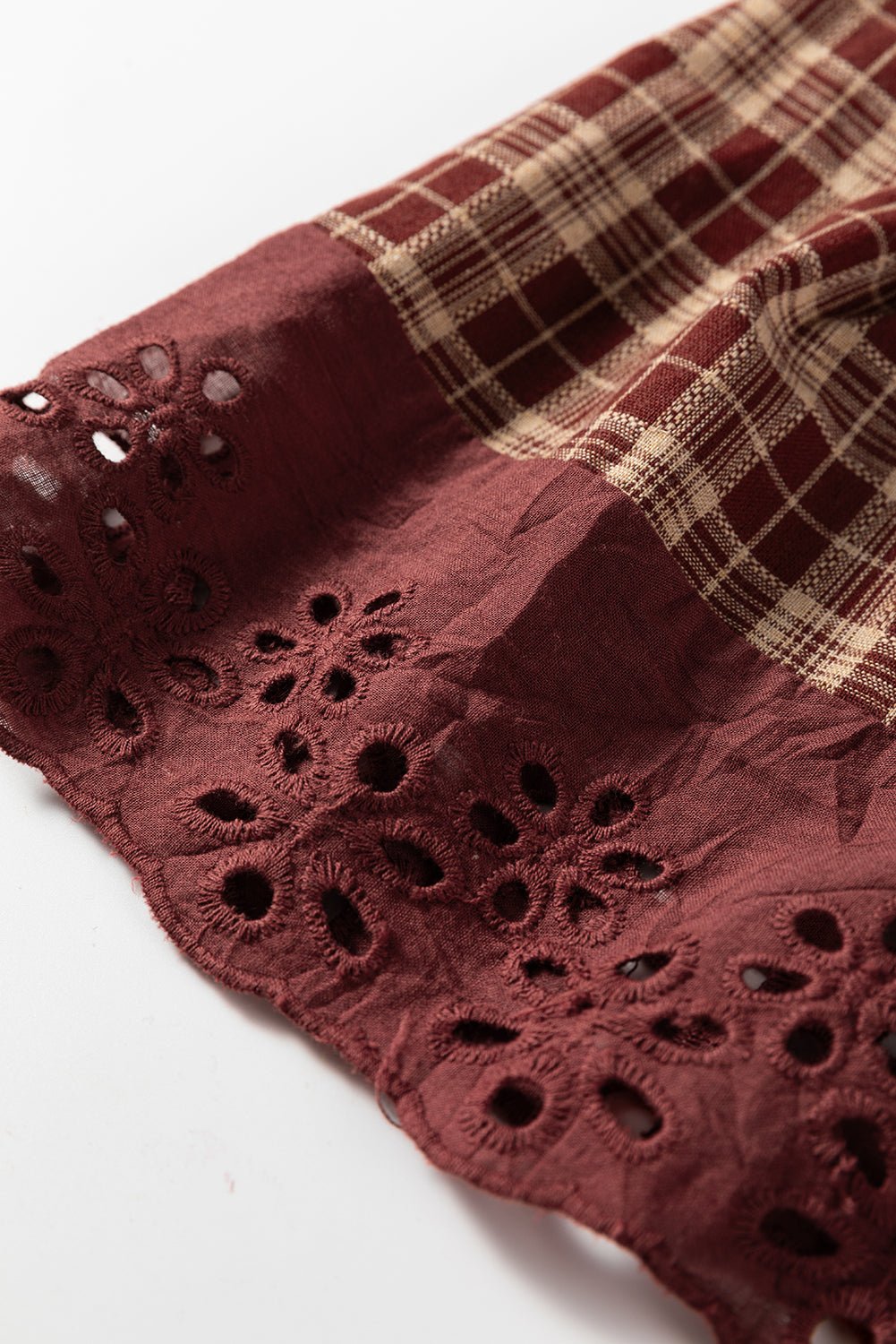 Plaid Eyelet Lace Trim Buttoned Long Sleeve Shirt - Rooted & Reckless Co.