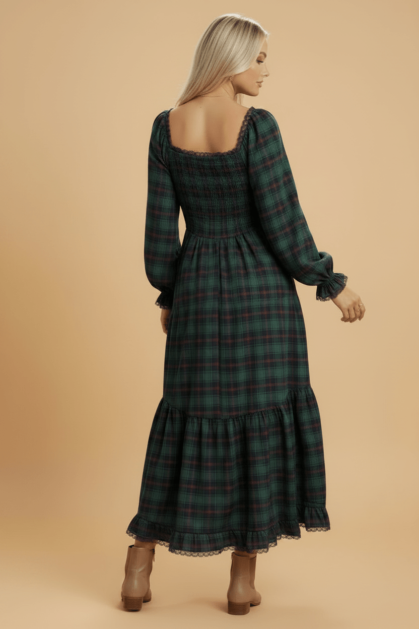Plaid Lace Trim Long Sleeve Maxi Dress - Rooted & Reckless Co.