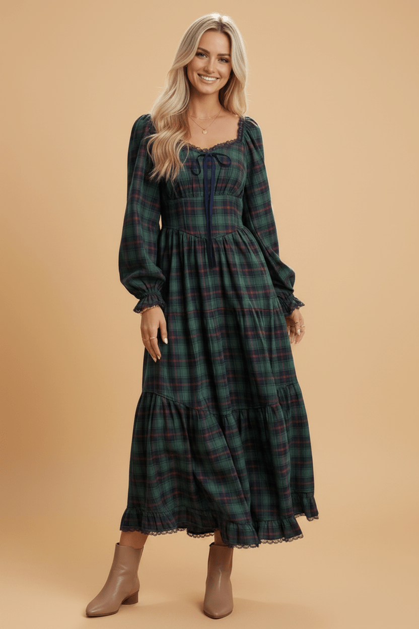 Plaid Lace Trim Long Sleeve Maxi Dress - Rooted & Reckless Co.