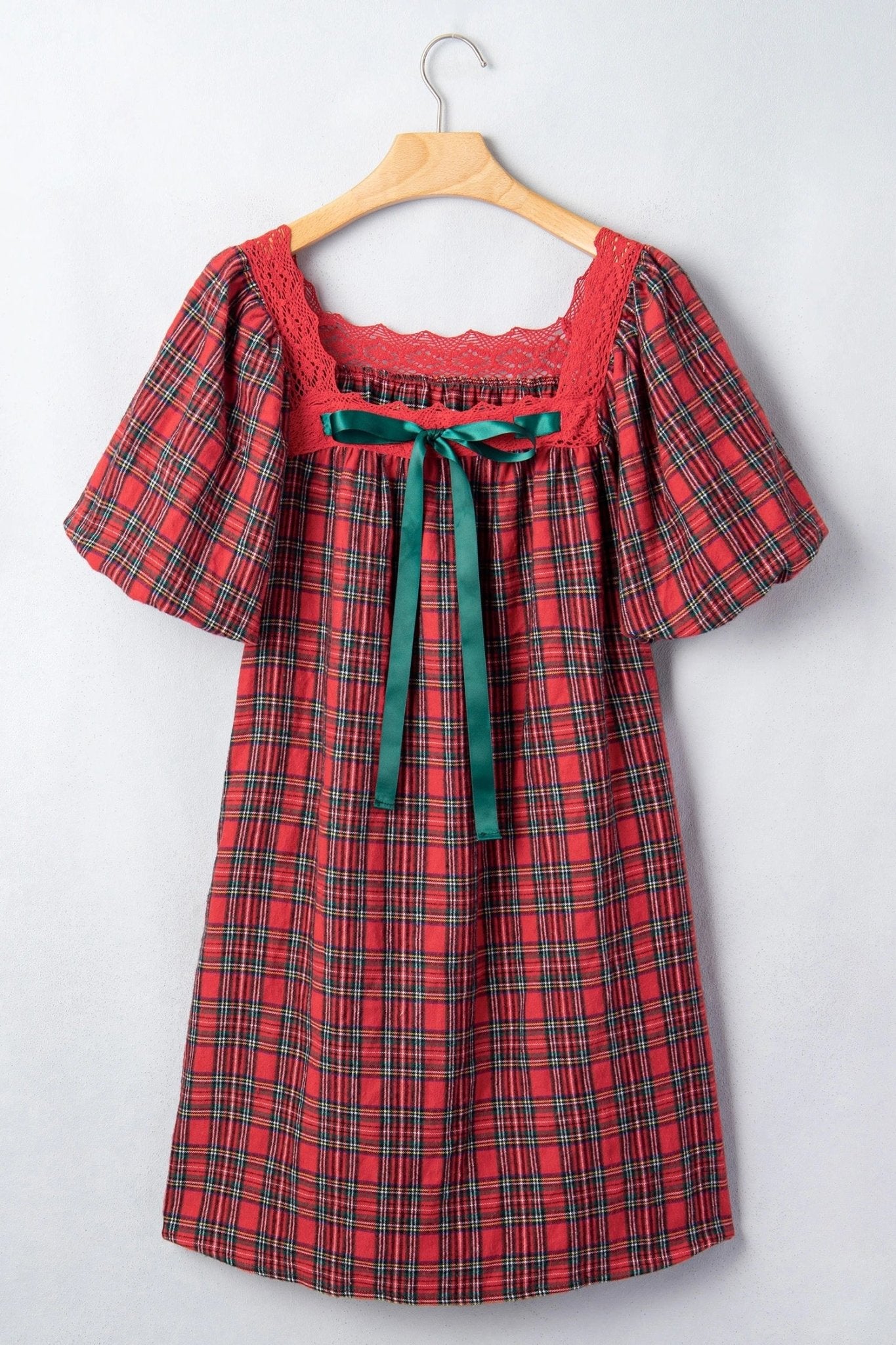 Plaid Lace Trim Square Neck Mini Babydoll Dress - Rooted & Reckless Co.