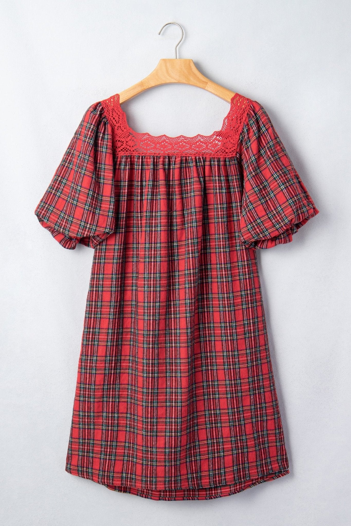 Plaid Lace Trim Square Neck Mini Babydoll Dress - Rooted & Reckless Co.