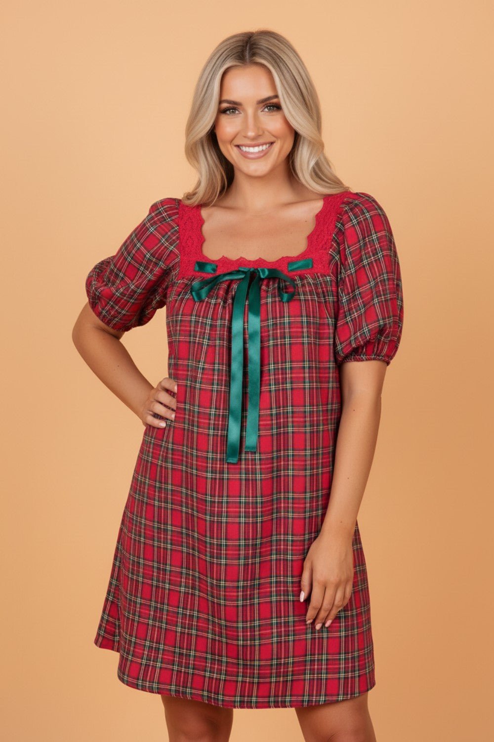 Plaid Lace Trim Square Neck Mini Babydoll Dress - Rooted & Reckless Co.
