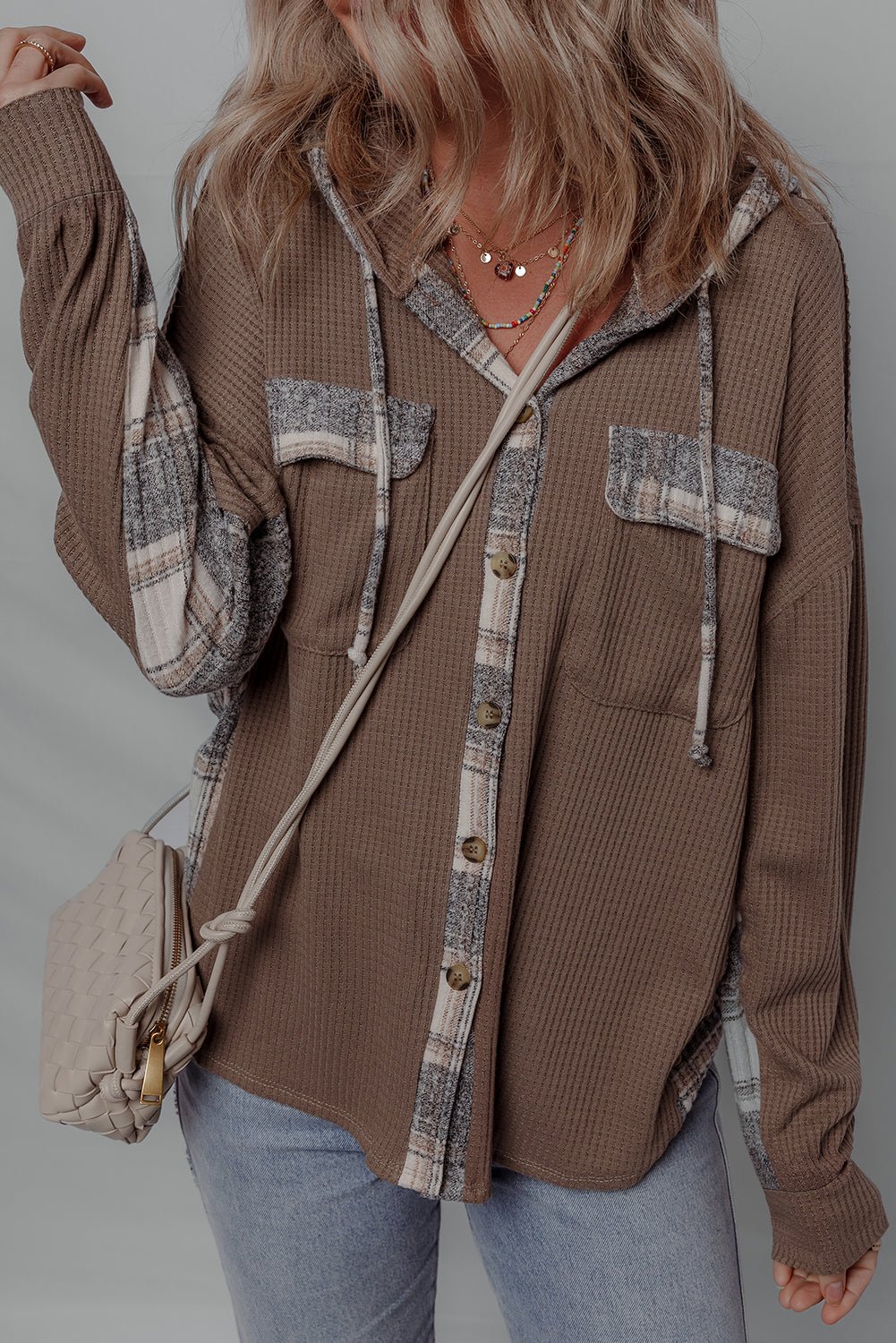 Plaid Patchwork Button-Up Drawstring Hooded Shacket - Rooted & Reckless Co.