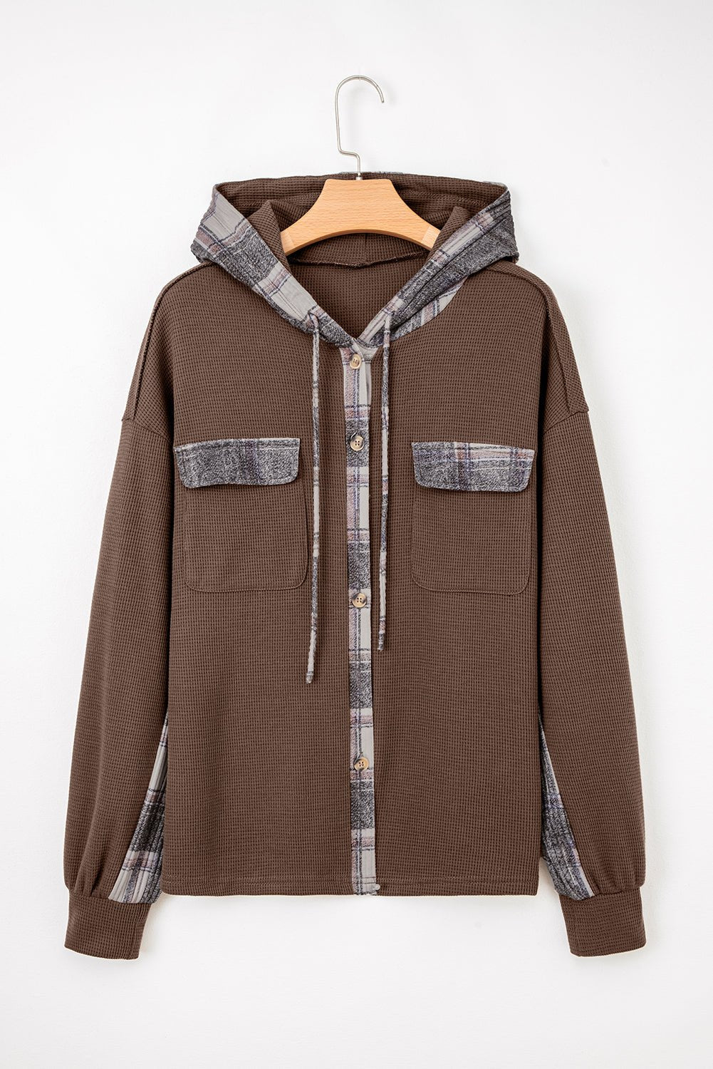 Plaid Patchwork Button-Up Drawstring Hooded Shacket - Rooted & Reckless Co.