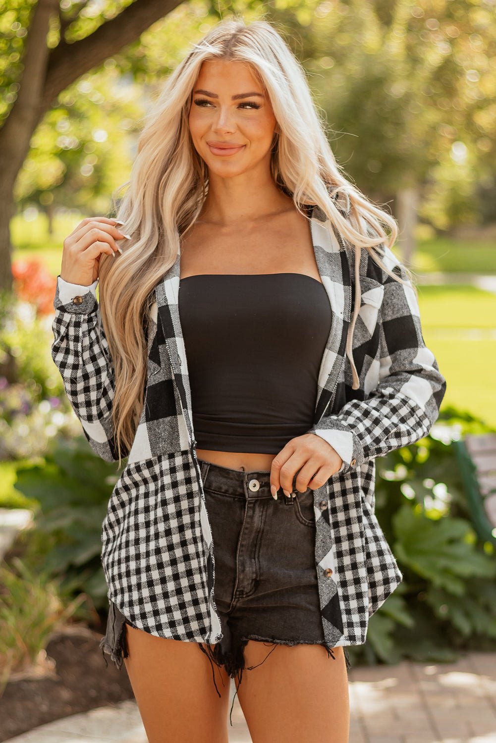 Plaid Patchwork Drawstring Hooded Shacket - Rooted & Reckless Co.