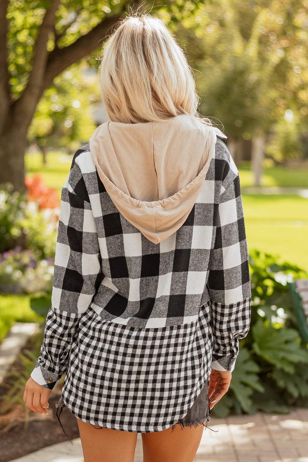 Plaid Patchwork Drawstring Hooded Shacket - Rooted & Reckless Co.