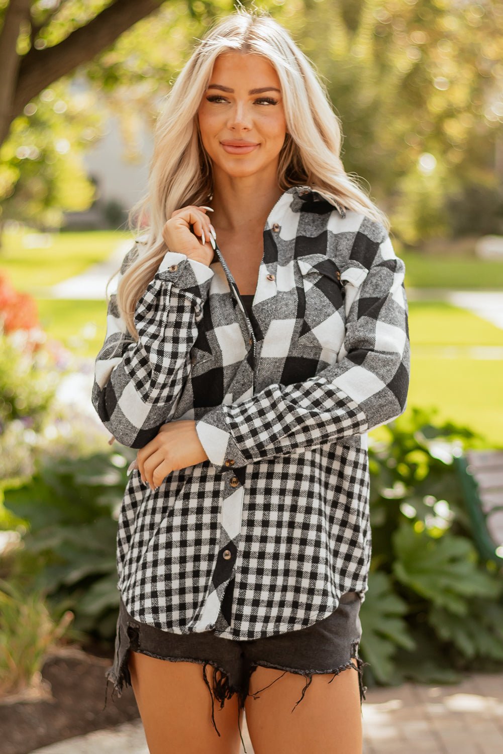 Plaid Patchwork Drawstring Hooded Shacket - Rooted & Reckless Co.
