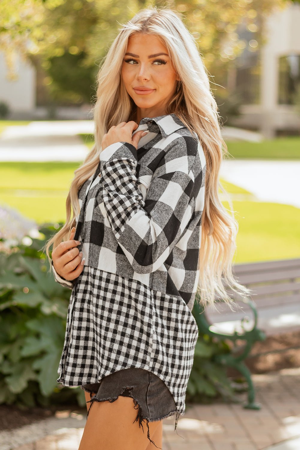 Plaid Patchwork Drawstring Hooded Shacket - Rooted & Reckless Co.