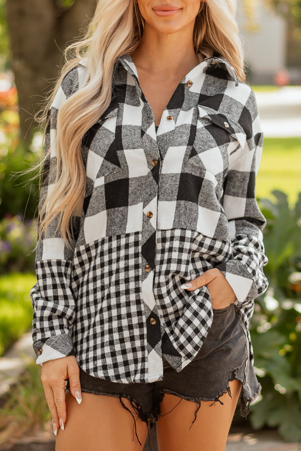 Plaid Patchwork Drawstring Hooded Shacket - Rooted & Reckless Co.