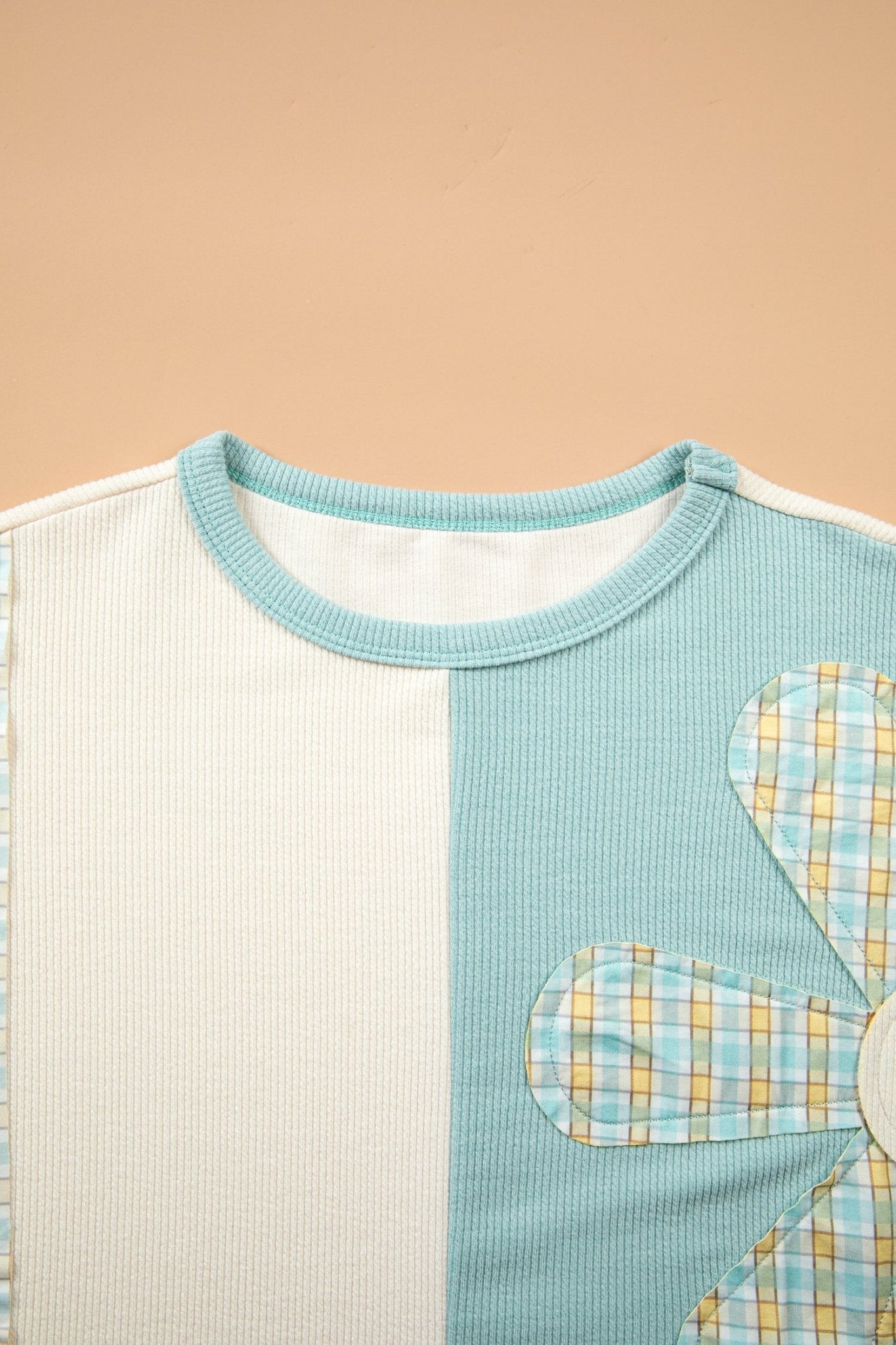 Plaid Patchwork Flower Round Neck Long Sleeve Top - Rooted & Reckless Co.