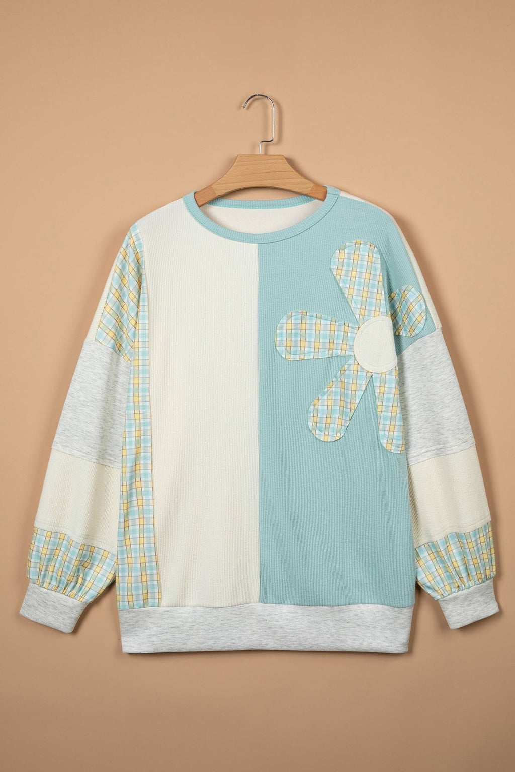Plaid Patchwork Flower Round Neck Long Sleeve Top - Rooted & Reckless Co.