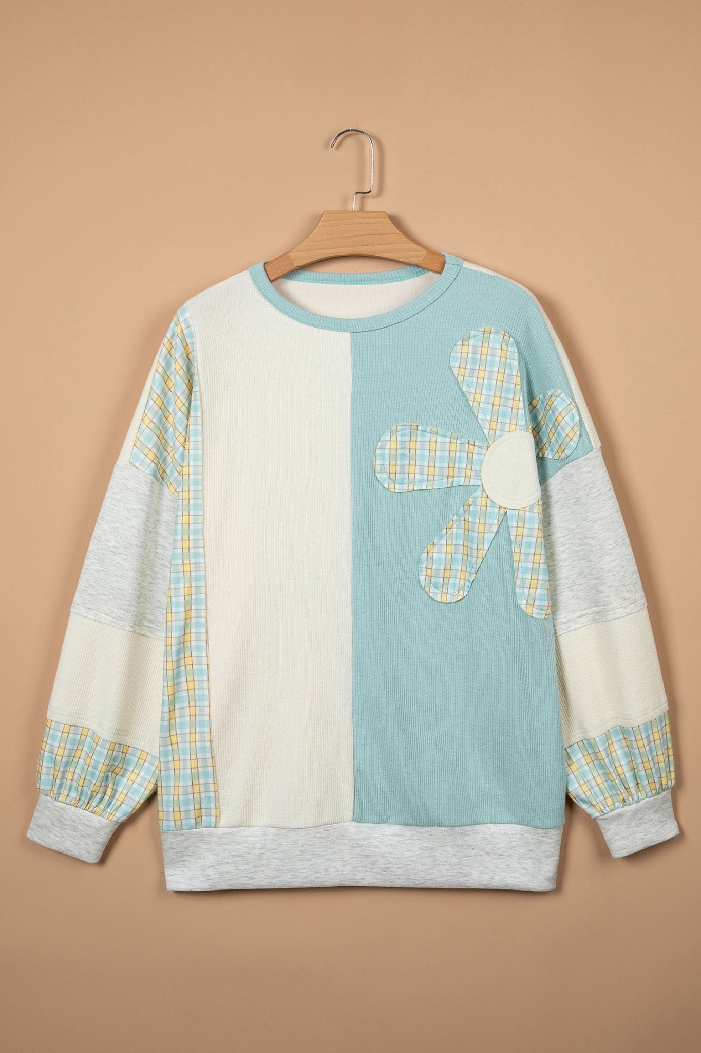 Plaid Patchwork Flower Round Neck Long Sleeve Top - Rooted & Reckless Co.