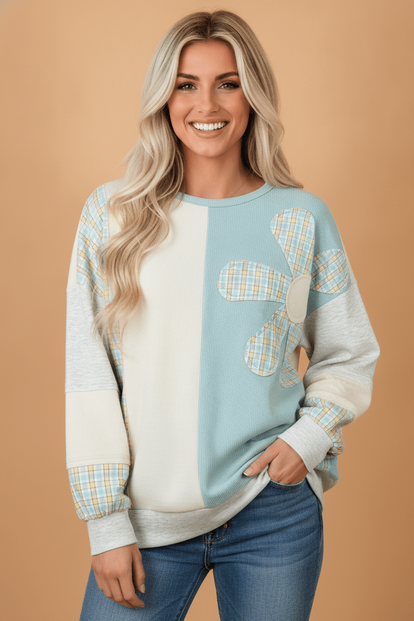 Plaid Patchwork Flower Round Neck Long Sleeve Top - Rooted & Reckless Co.