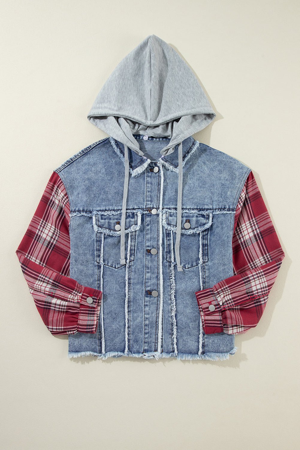 Plaid Patchwork Hooded Denim Jacket - Rooted & Reckless Co.