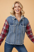 Plaid Patchwork Hooded Denim Jacket - Rooted & Reckless Co.