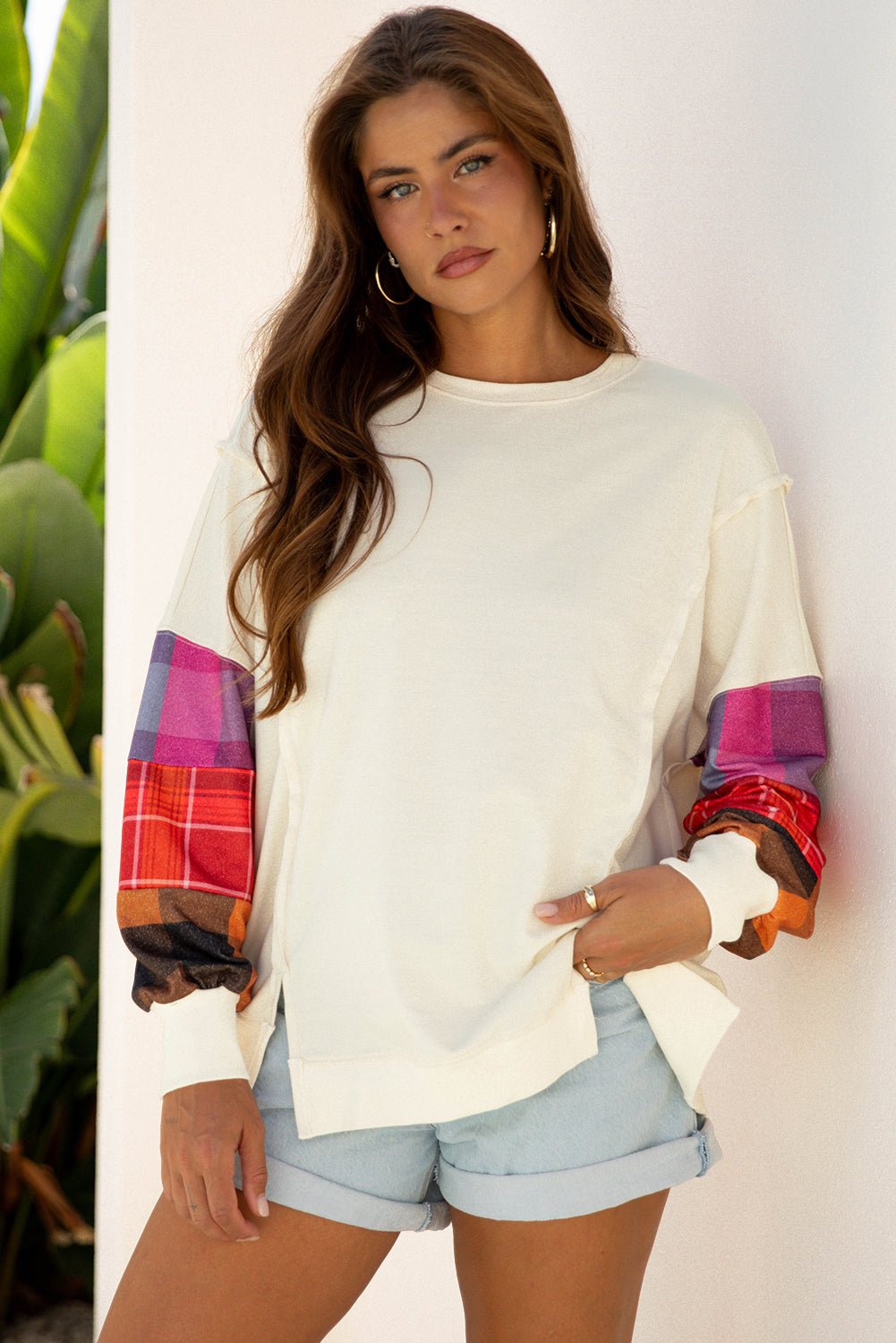 Plaid Patchwork Long Sleeve Exposed Seam Top - Rooted & Reckless Co.