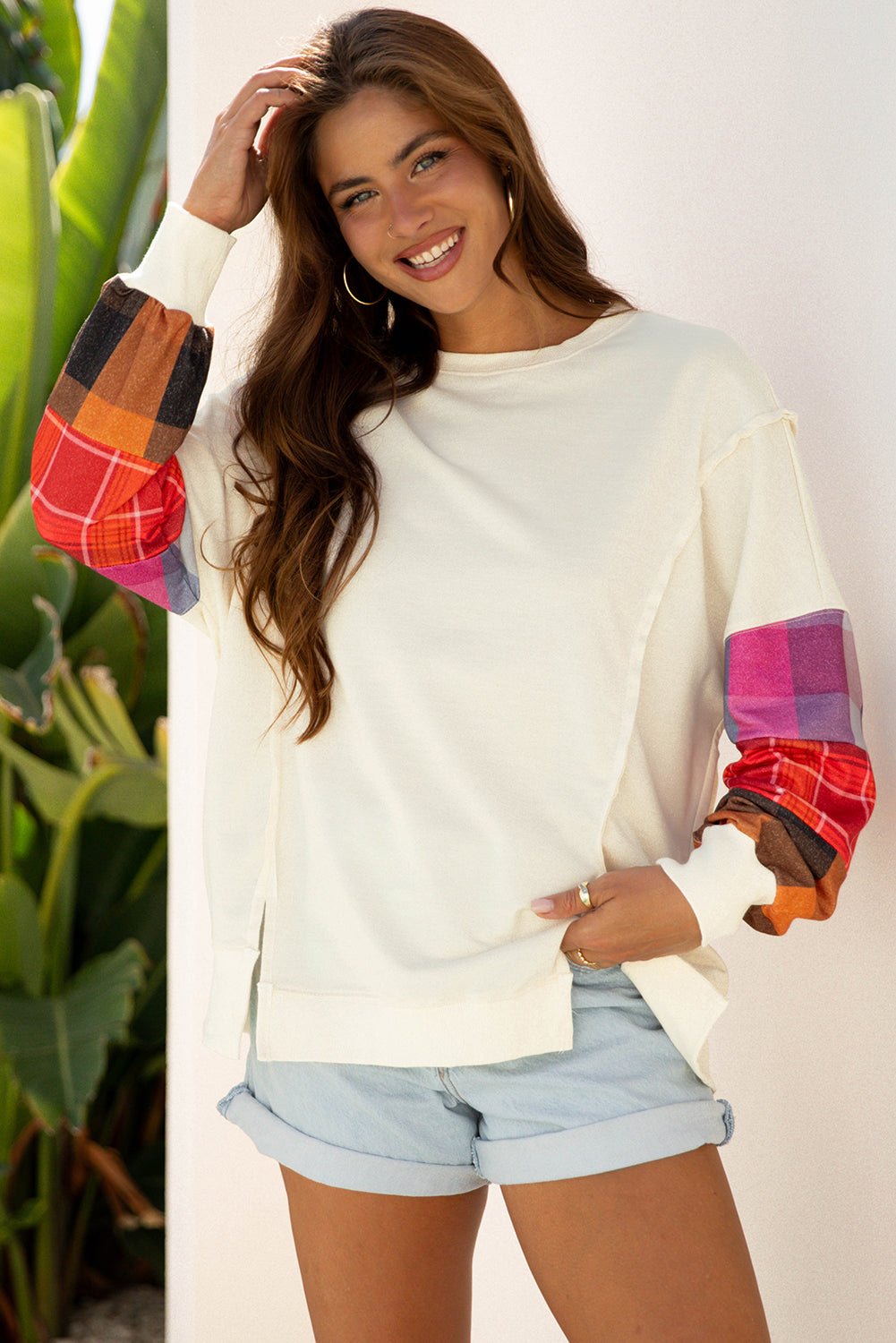 Plaid Patchwork Long Sleeve Exposed Seam Top - Rooted & Reckless Co.