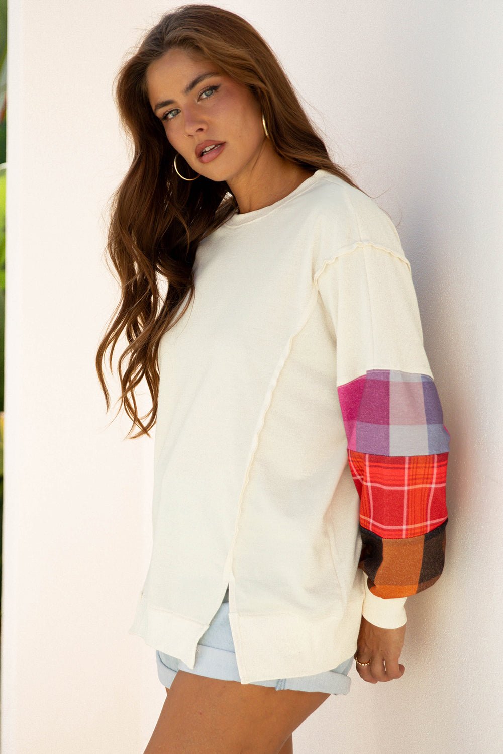Plaid Patchwork Long Sleeve Exposed Seam Top - Rooted & Reckless Co.