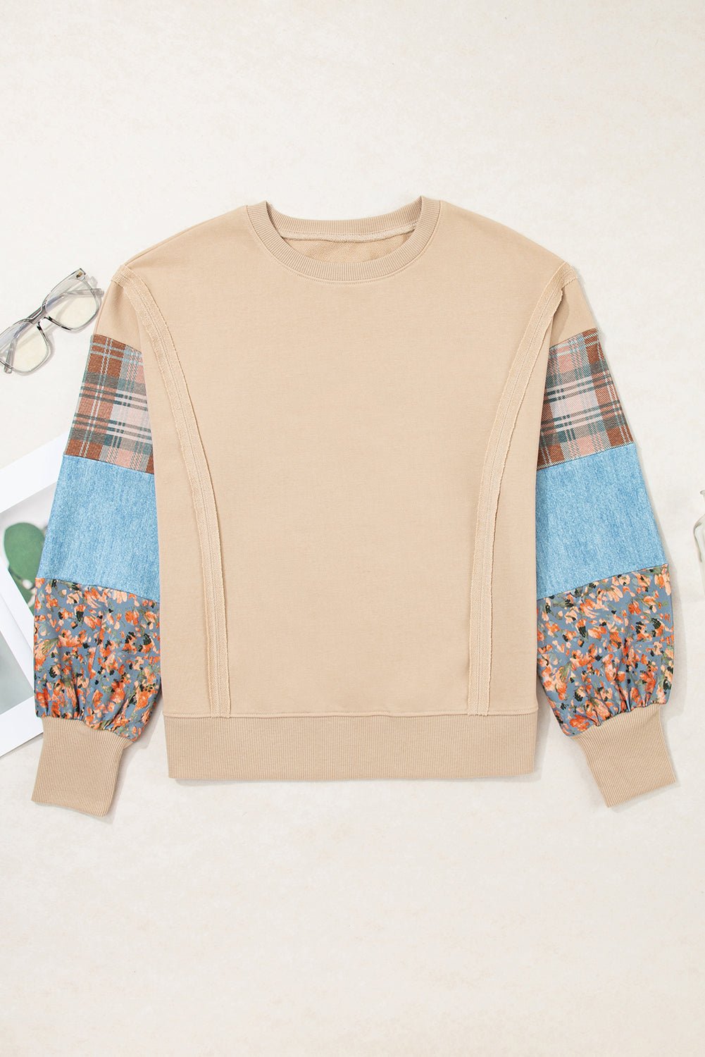 Plaid Patchwork Long Sleeve Raw Seam Sweatshirt - Rooted & Reckless Co.