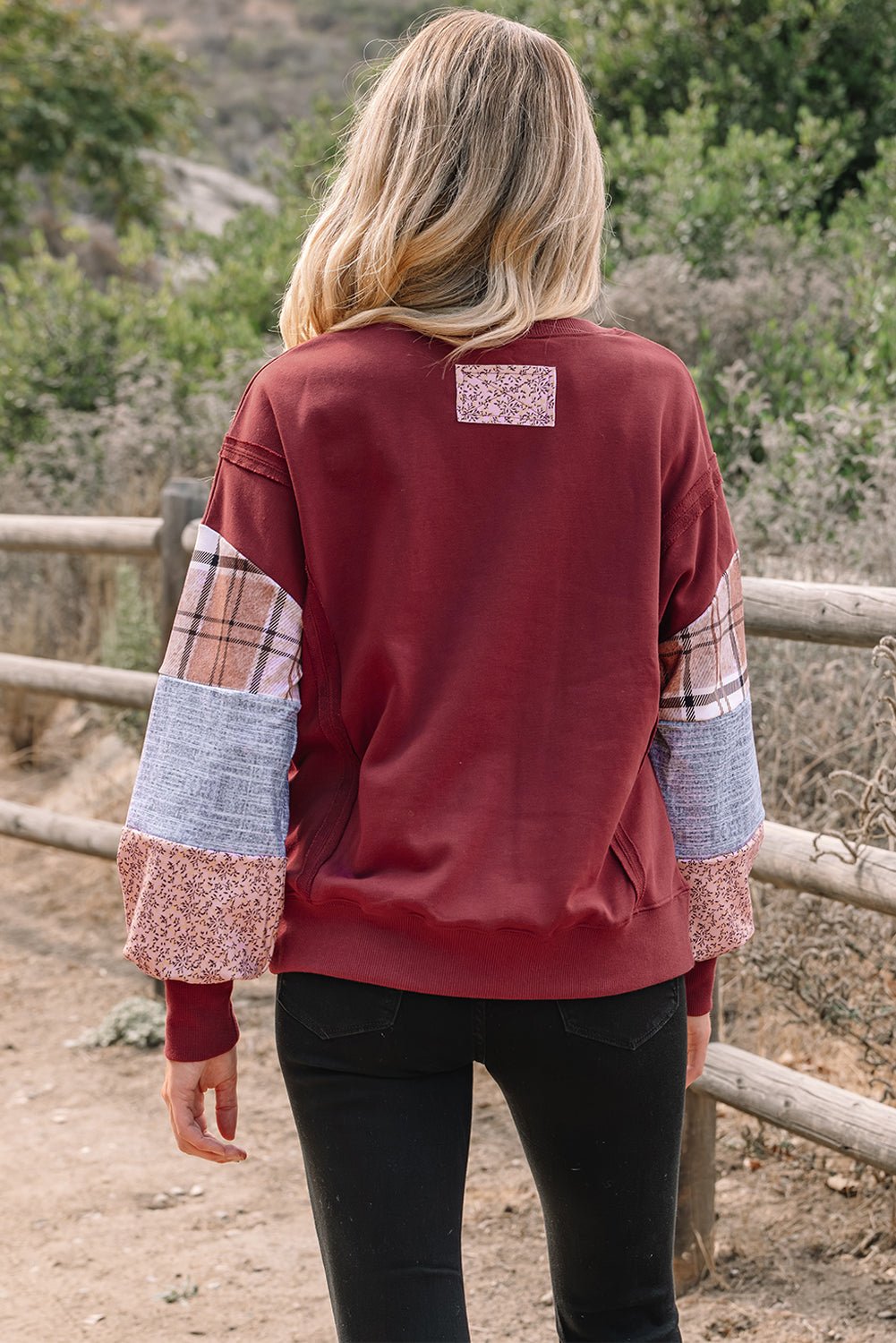 Plaid Patchwork Long Sleeve Raw Seam Sweatshirt - Rooted & Reckless Co.