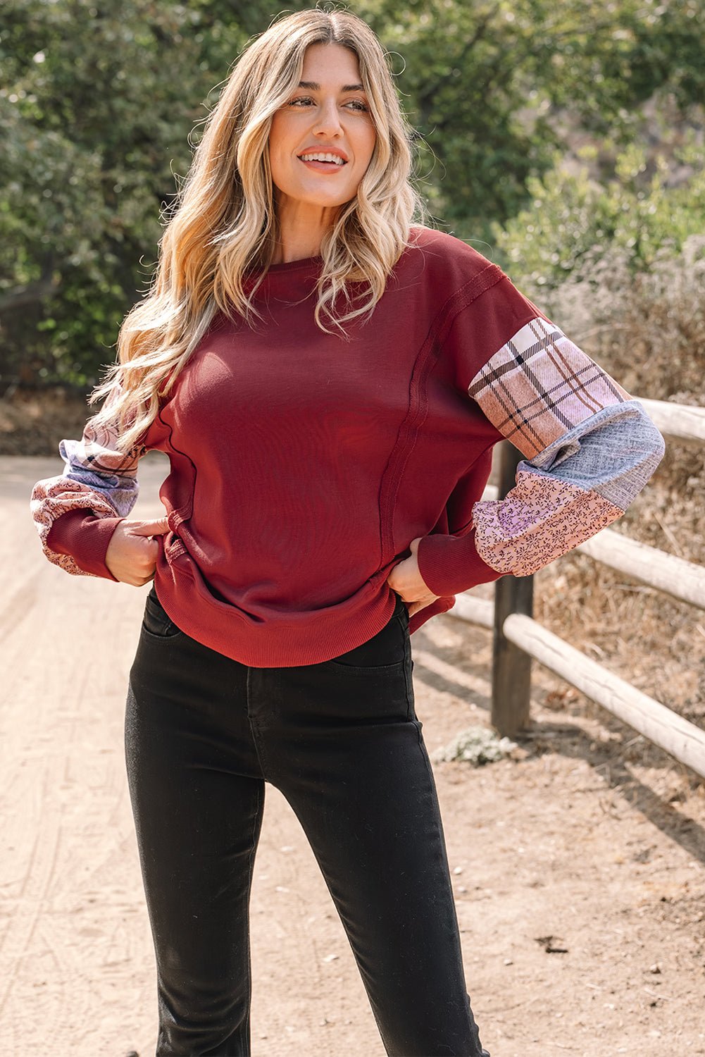 Plaid Patchwork Long Sleeve Raw Seam Sweatshirt - Rooted & Reckless Co.
