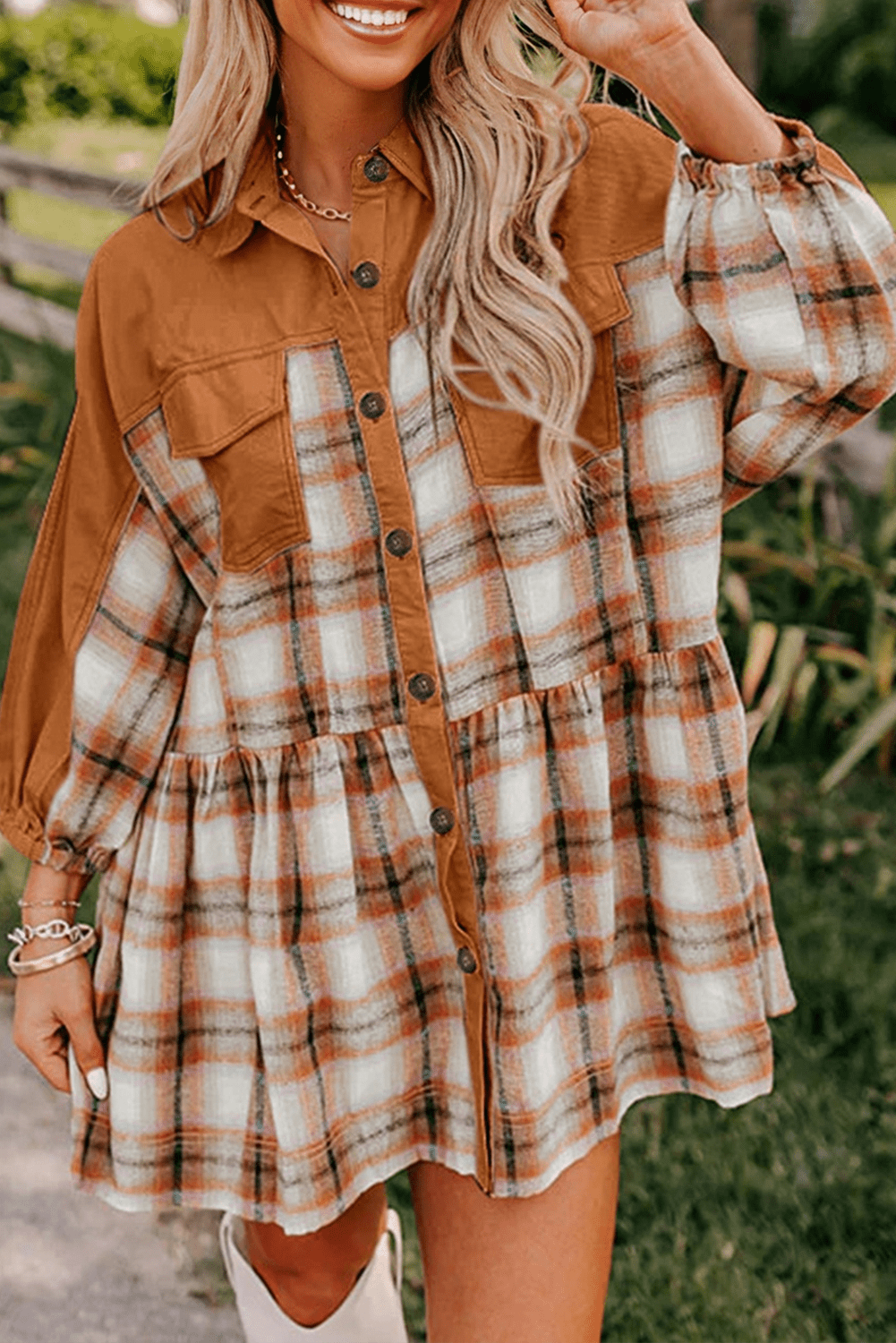 Plaid Patchwork Pocketed Ruffle Hem Shirt Dress - Rooted & Reckless Co.