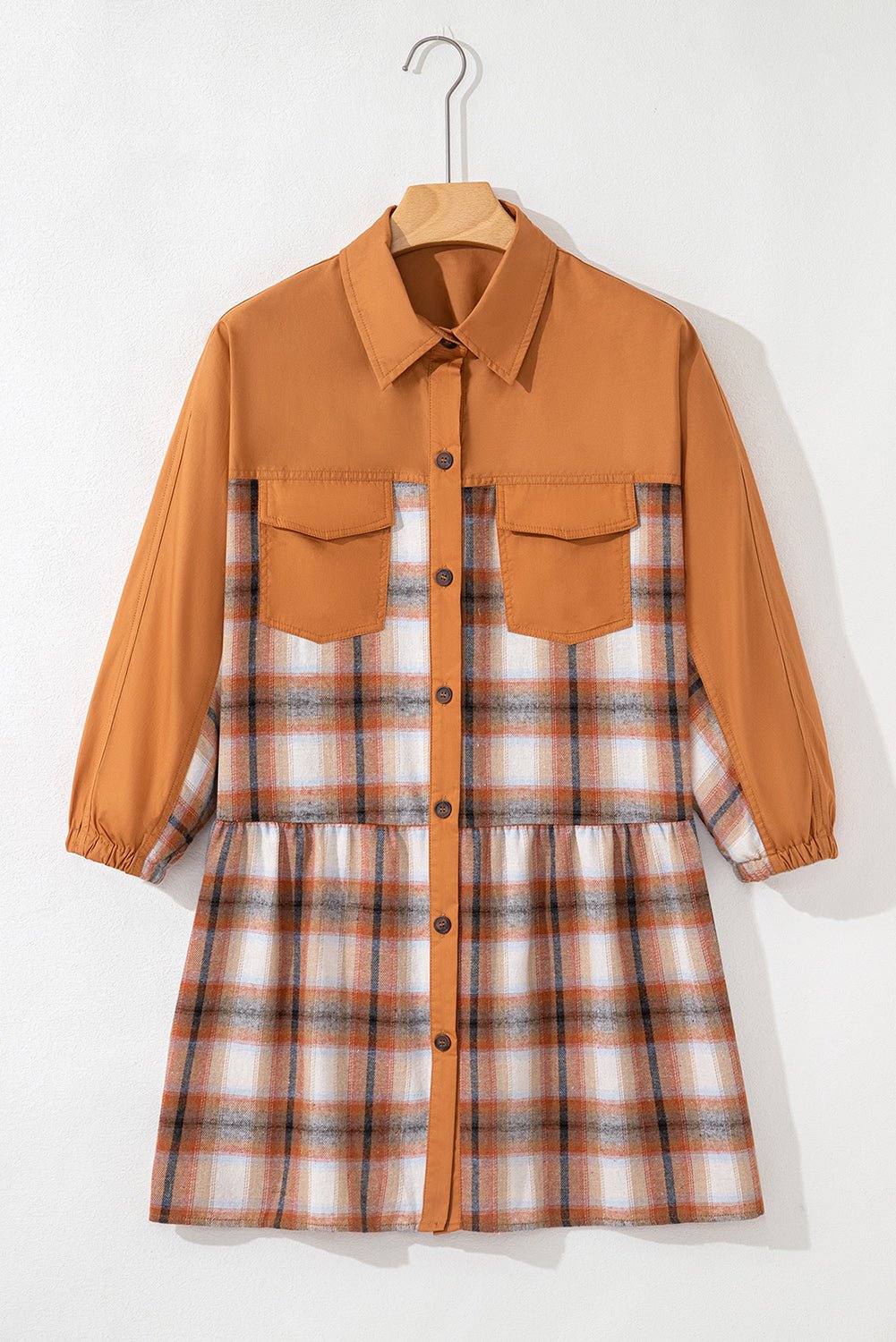 Plaid Patchwork Pocketed Ruffle Hem Shirt Dress - Rooted & Reckless Co.