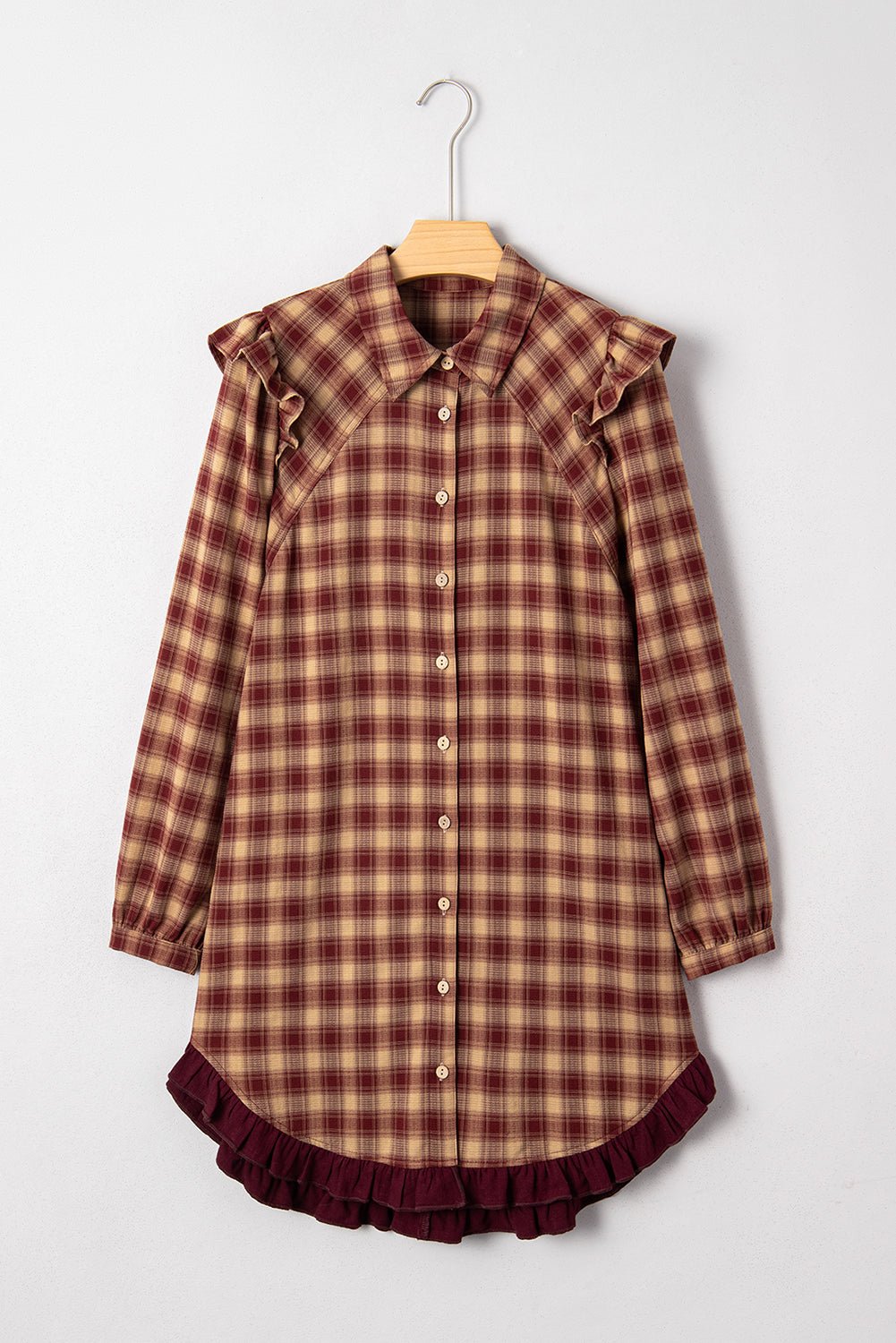 Plaid Patchwork Ruffle Long Sleeve Mini Dress - Rooted & Reckless Co.