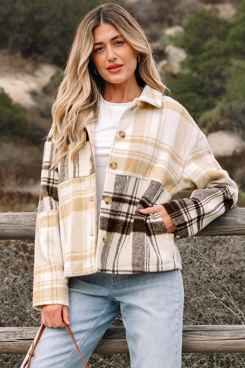Plaid Patchwork Side Pocket Button-Up Shacket - Rooted & Reckless Co.