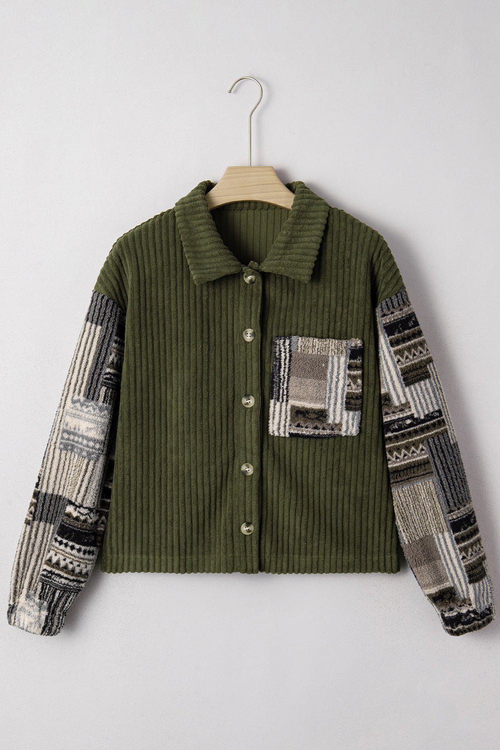 Plaid Patchwork Sleeve Button-Up Ribbed Fleece Jacket - Rooted & Reckless Co.