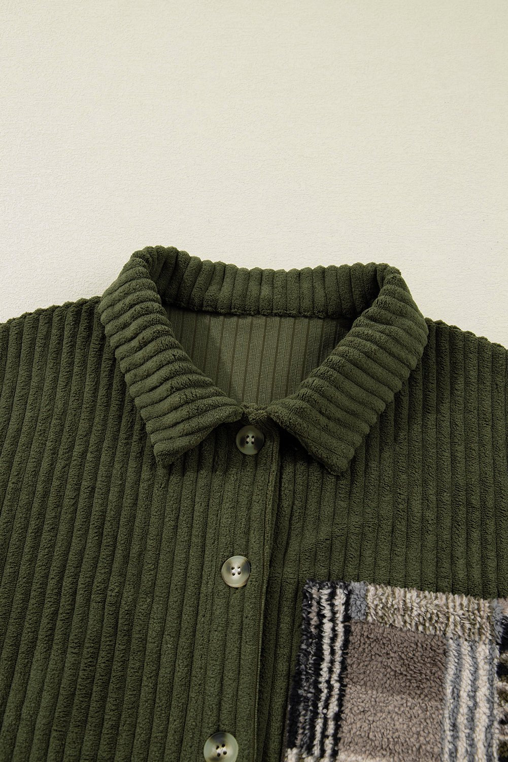 Plaid Patchwork Sleeve Button-Up Ribbed Fleece Jacket - Rooted & Reckless Co.