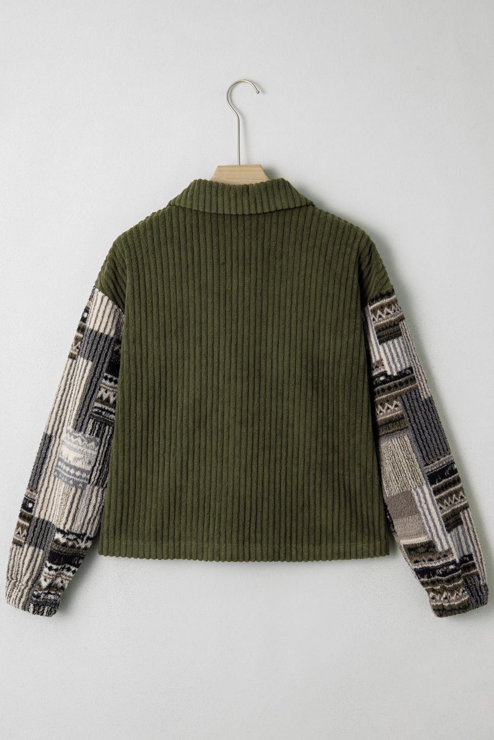 Plaid Patchwork Sleeve Button-Up Ribbed Fleece Jacket - Rooted & Reckless Co.