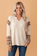 Plaid Patchwork Waffle Knit V-Neck Long Sleeve Top - Rooted & Reckless Co.
