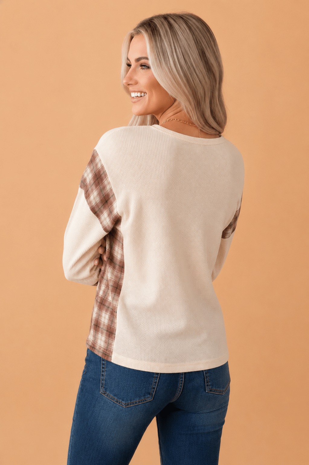 Plaid Patchwork Waffle Knit V-Neck Long Sleeve Top - Rooted & Reckless Co.